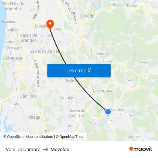 Vale De Cambra to Mozelos map