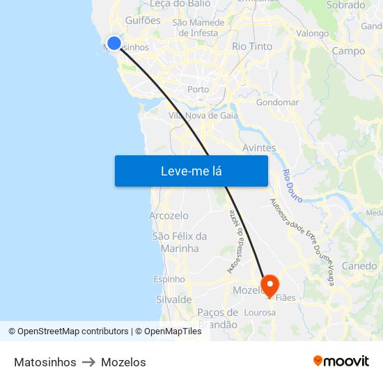 Matosinhos to Mozelos map