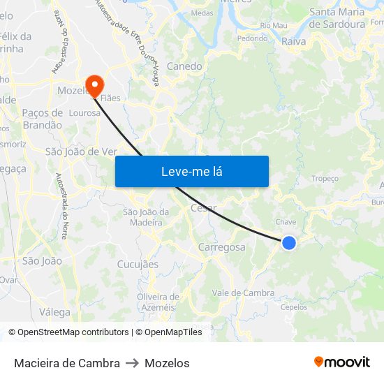 Macieira de Cambra to Mozelos map