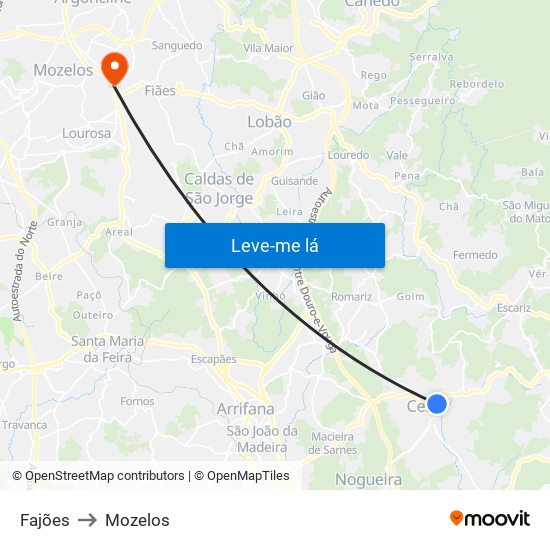 Fajões to Mozelos map