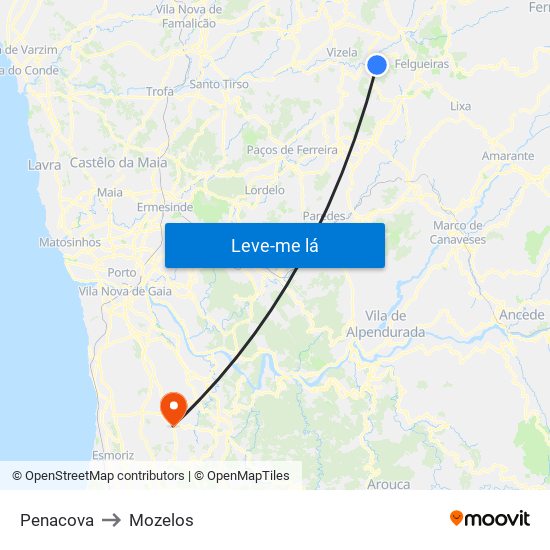 Penacova to Mozelos map