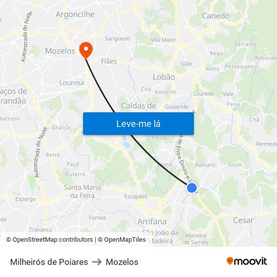 Milheirós de Poiares to Mozelos map