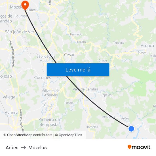 Arões to Mozelos map