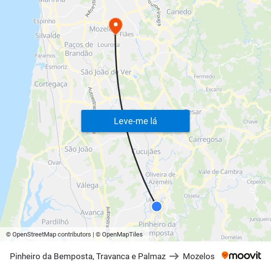 Pinheiro da Bemposta, Travanca e Palmaz to Mozelos map
