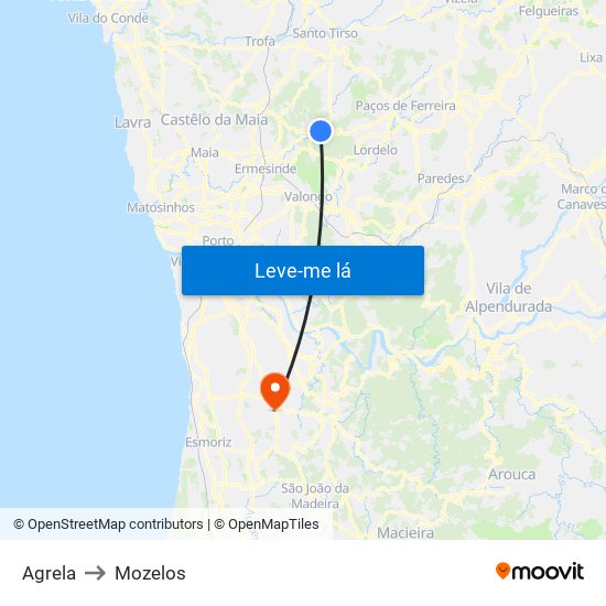 Agrela to Mozelos map