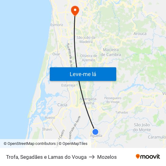 Trofa, Segadães e Lamas do Vouga to Mozelos map