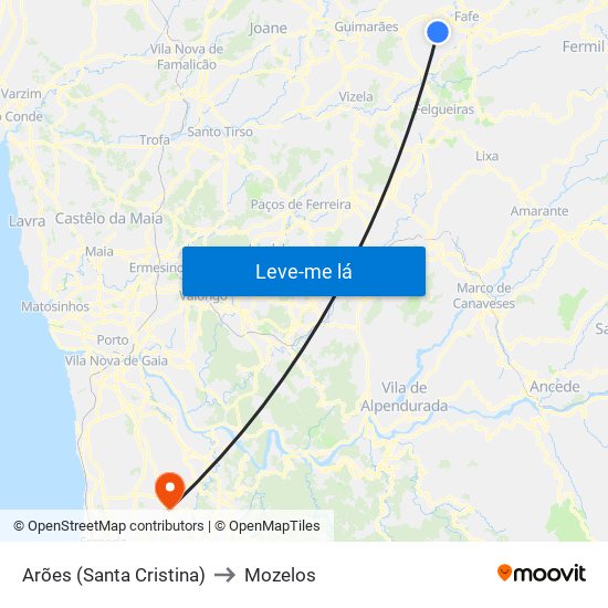 Arões (Santa Cristina) to Mozelos map