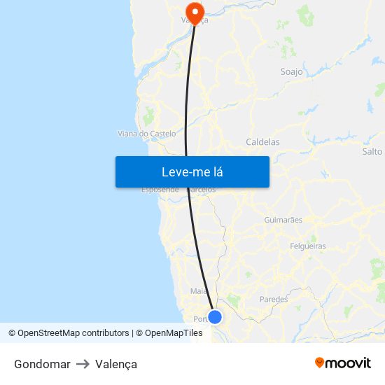 Gondomar to Valença map