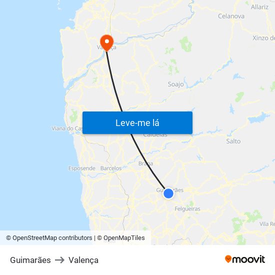 Guimarães to Valença map