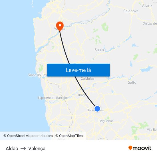 Aldão to Valença map