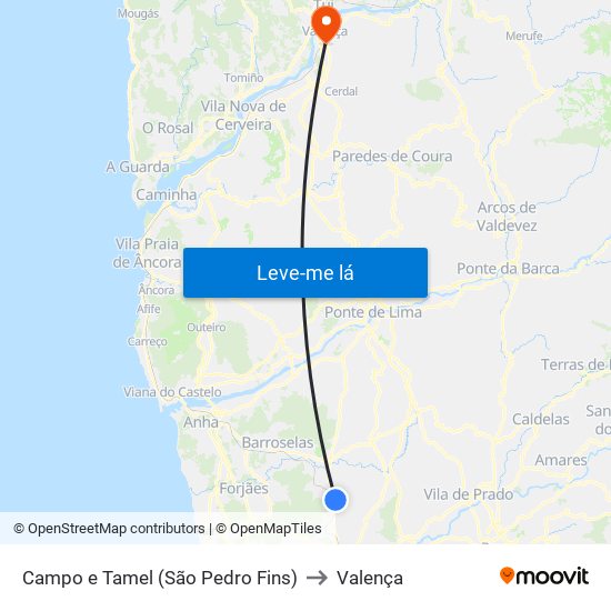Campo e Tamel (São Pedro Fins) to Valença map