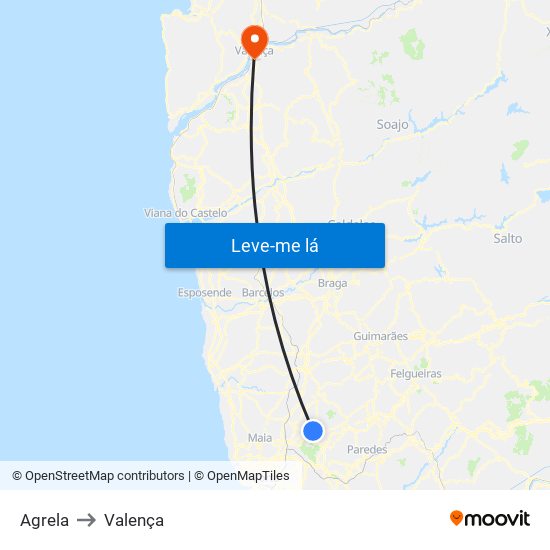 Agrela to Valença map