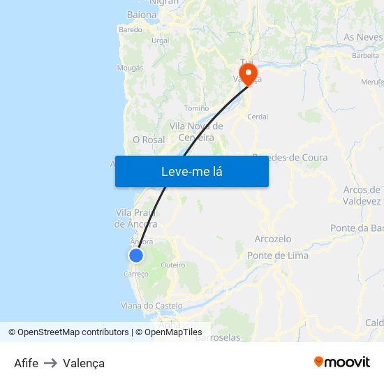 Afife to Valença map