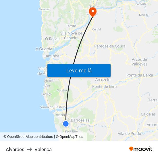 Alvarães to Valença map