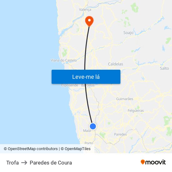 Trofa to Paredes de Coura map