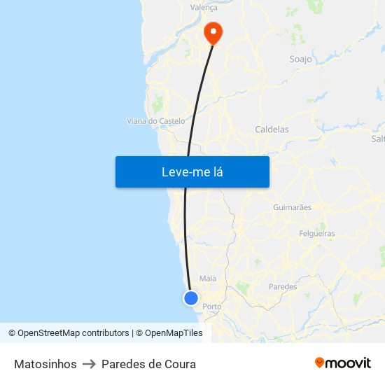 Matosinhos to Paredes de Coura map