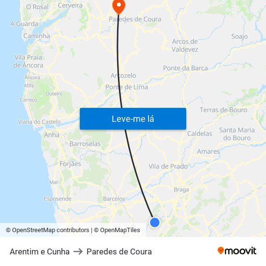 Arentim e Cunha to Paredes de Coura map