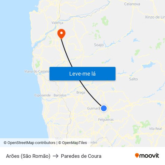 Arões (São Romão) to Paredes de Coura map