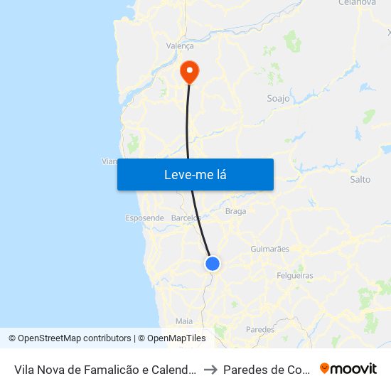 Vila Nova de Famalicão e Calendário to Paredes de Coura map