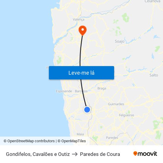 Gondifelos, Cavalões e Outiz to Paredes de Coura map