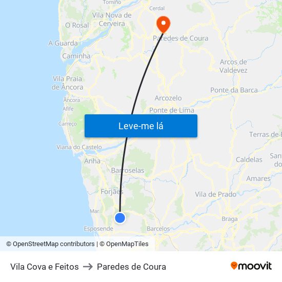 Vila Cova e Feitos to Paredes de Coura map