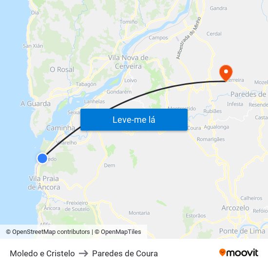 Moledo e Cristelo to Paredes de Coura map