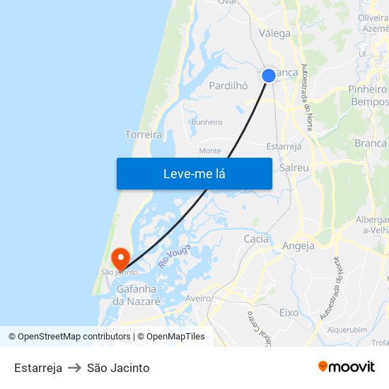 Estarreja to São Jacinto map