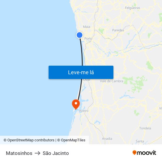 Matosinhos to São Jacinto map