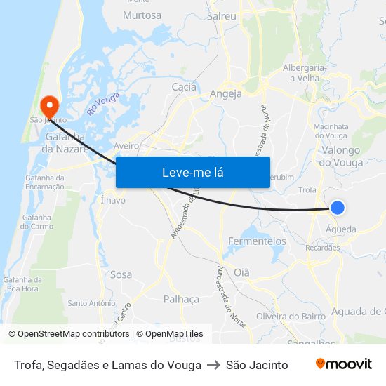 Trofa, Segadães e Lamas do Vouga to São Jacinto map
