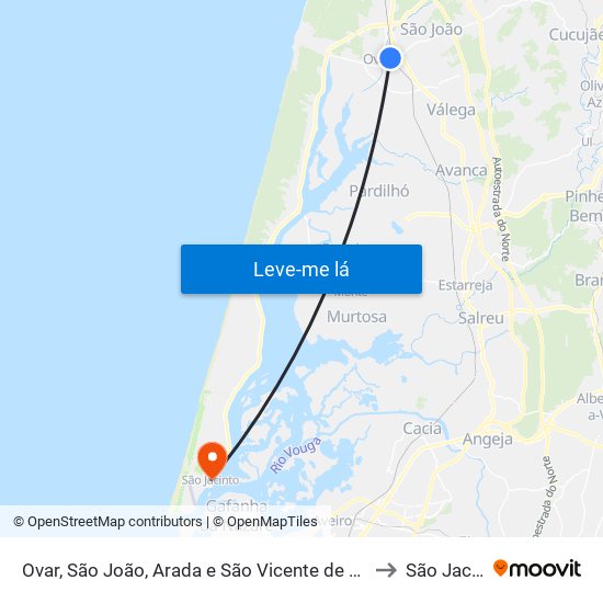 Ovar, São João, Arada e São Vicente de Pereira Jusã to São Jacinto map