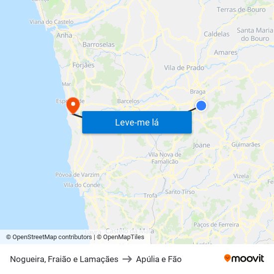 Nogueira, Fraião e Lamaçães to Apúlia e Fão map