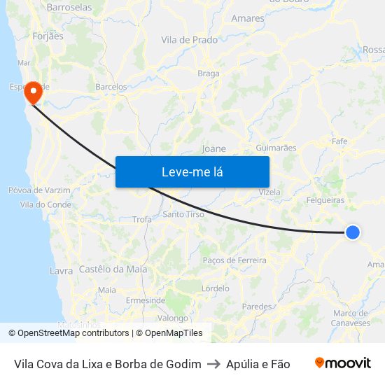 Vila Cova da Lixa e Borba de Godim to Apúlia e Fão map