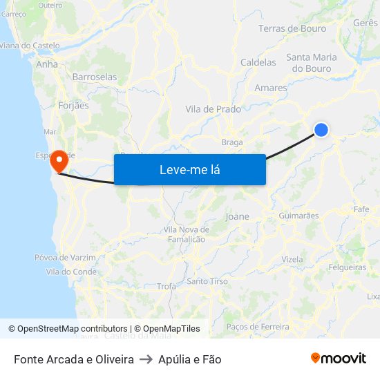 Fonte Arcada e Oliveira to Apúlia e Fão map