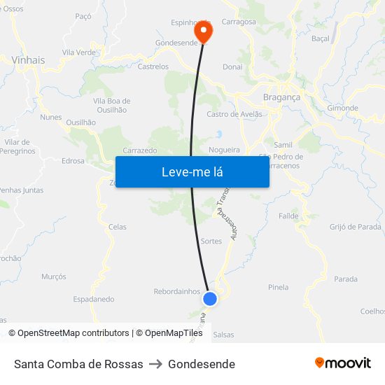 Santa Comba de Rossas to Gondesende map