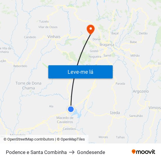 Podence e Santa Combinha to Gondesende map