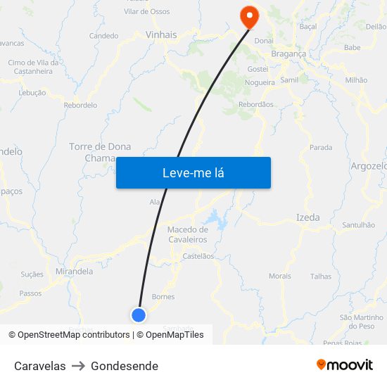 Caravelas to Gondesende map