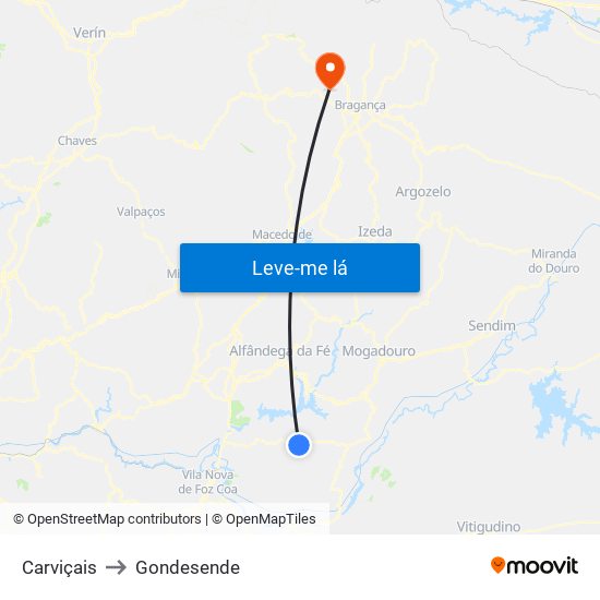 Carviçais to Gondesende map