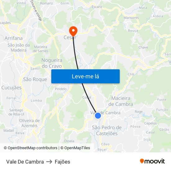 Vale De Cambra to Fajões map