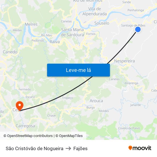 São Cristóvão de Nogueira to Fajões map