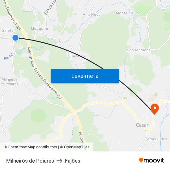 Milheirós de Poiares to Fajões map