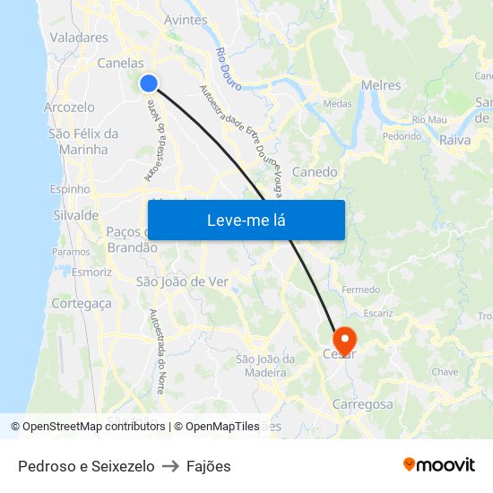 Pedroso e Seixezelo to Fajões map