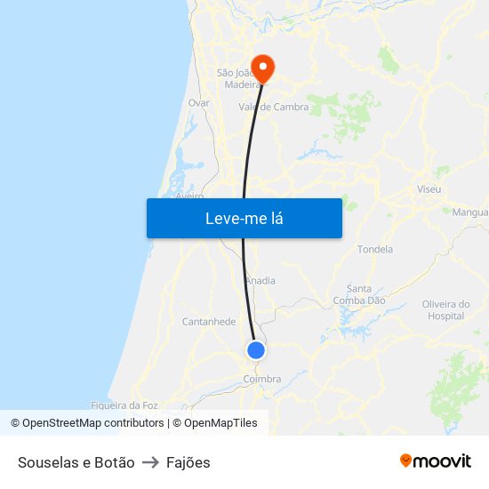 Souselas e Botão to Fajões map