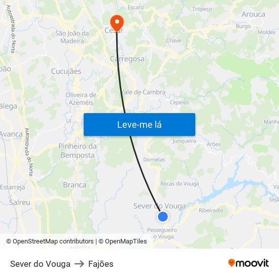 Sever do Vouga to Fajões map