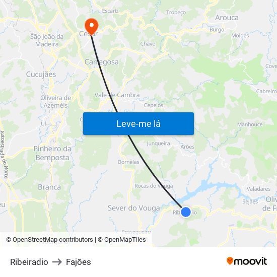 Ribeiradio to Fajões map