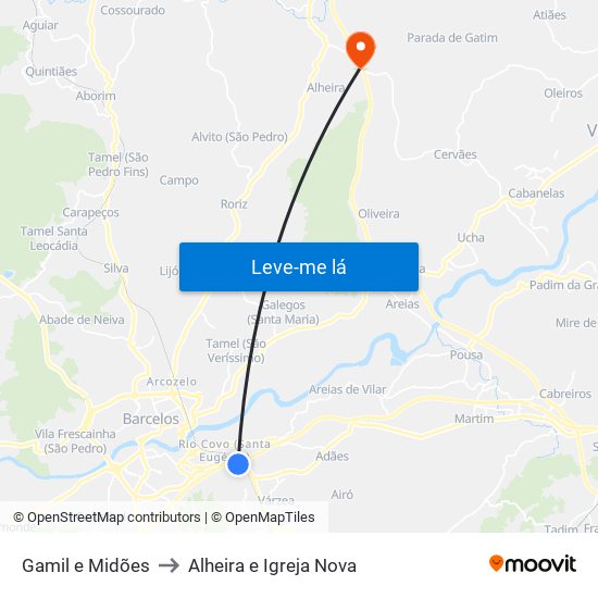 Gamil e Midões to Alheira e Igreja Nova map