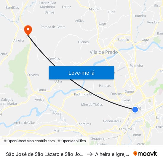 São José de São Lázaro e São João do Souto to Alheira e Igreja Nova map