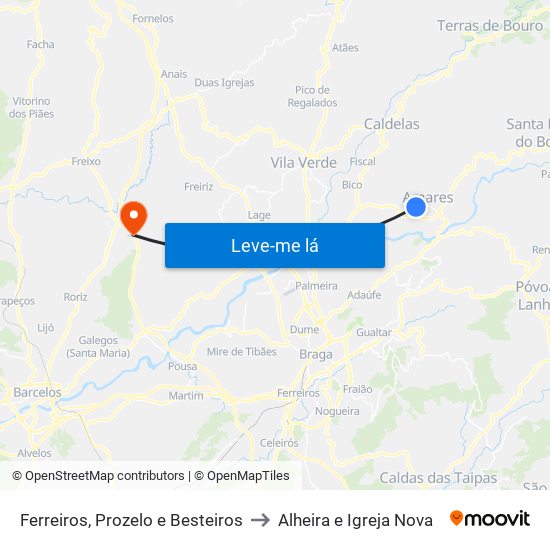 Ferreiros, Prozelo e Besteiros to Alheira e Igreja Nova map
