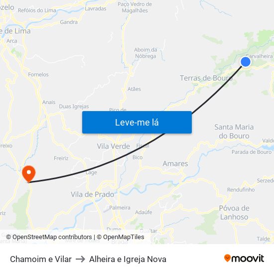 Chamoim e Vilar to Alheira e Igreja Nova map