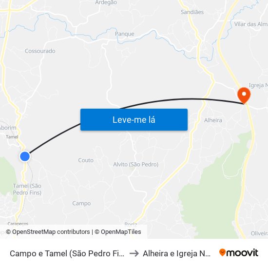 Campo e Tamel (São Pedro Fins) to Alheira e Igreja Nova map