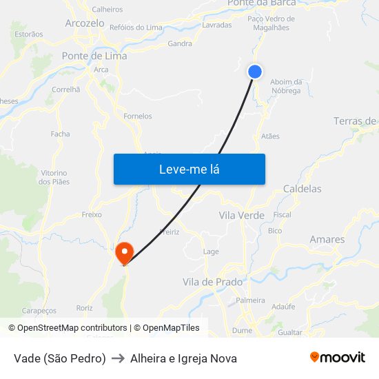 Vade (São Pedro) to Alheira e Igreja Nova map